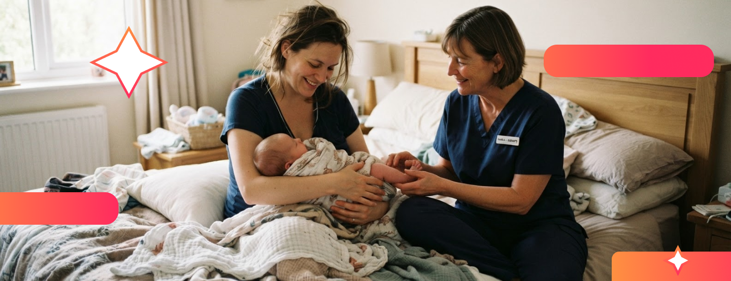 Mother and midwife looking at newborn baby