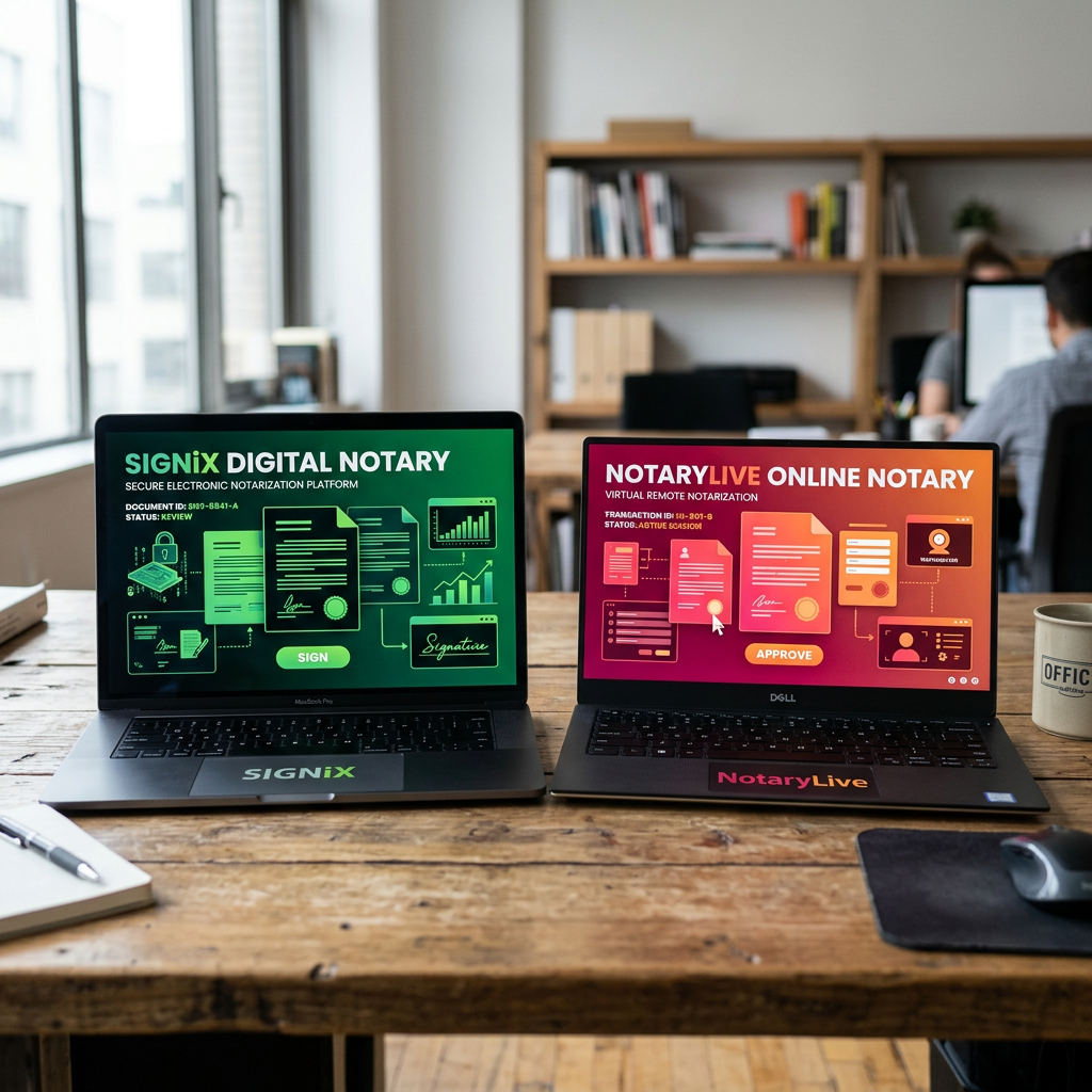 Two laptops comparing SIGNiX and NotaryLive
